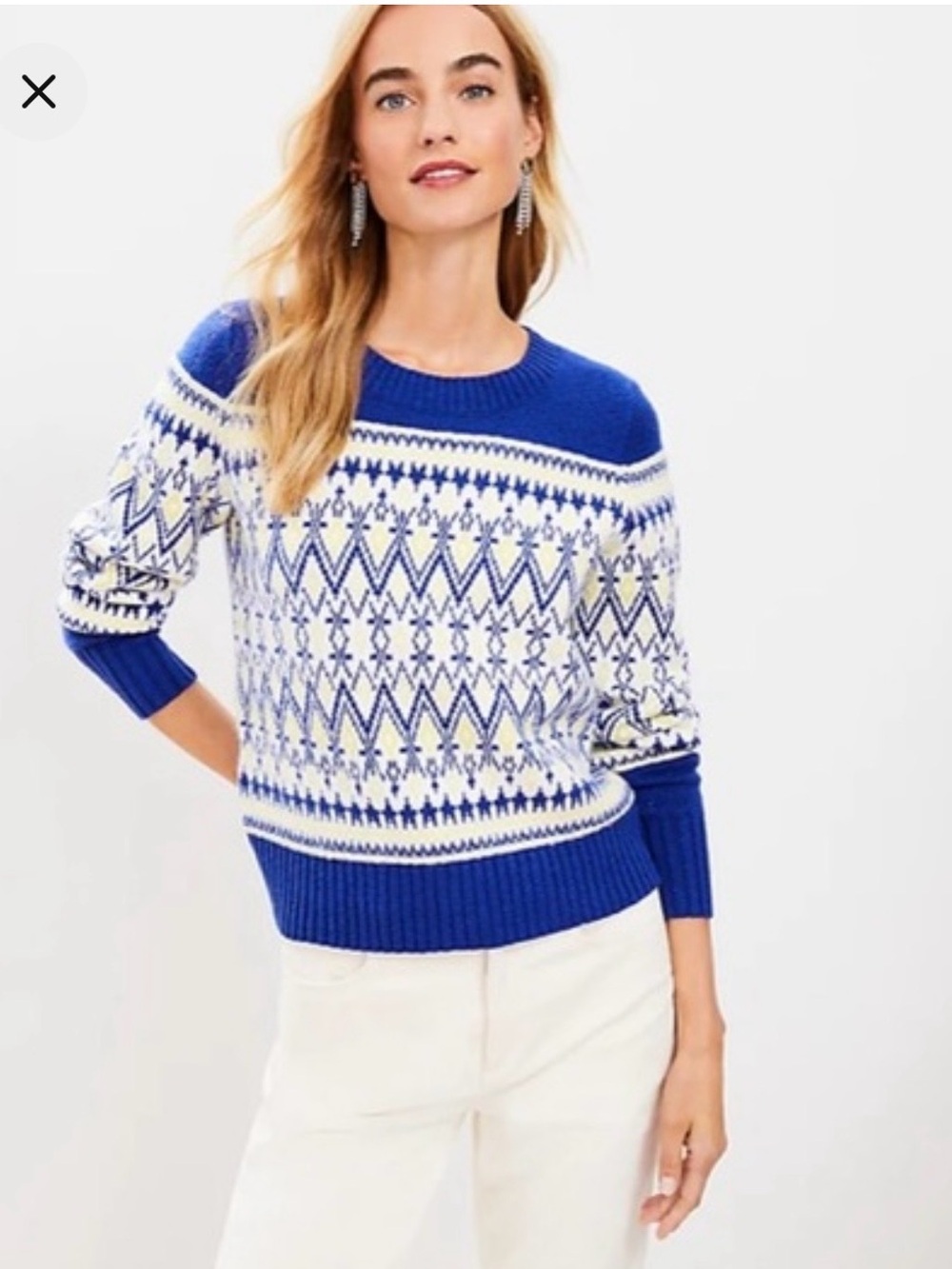 Loft Women’s Fair Isle Crew Neck Sweater icobalt blue yellow size large NEW